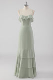 Dusty Sage Sheath Ruffled Spaghetti Straps Bridesmaid Dress