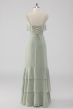 Dusty Sage Sheath Ruffled Spaghetti Straps Bridesmaid Dress