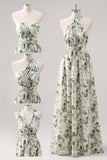Green Flower A-Line Print Ruched Convertible Design Long Bridesmaid Dress