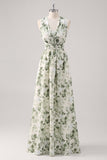 Green Flower A-Line V Neck Print Ruched Convertible Design Long Bridesmaid Dress