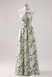 A-Line Ruched Convertible Design Floor Length Green Floral Bridesmaid Dress