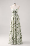 A-Line Ruched Convertible Design Floor Length Green Floral Bridesmaid Dress