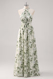 Green Flower A-Line Print Ruched Convertible Design Long Bridesmaid Dress
