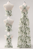 Green Flower A-Line V Neck Print Ruched Convertible Design Long Bridesmaid Dress