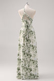 A-Line Ruched Convertible Design Floor Length Green Floral Bridesmaid Dress
