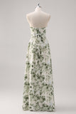 Green Flower A-Line Strapless Printed Ruched Convertible Long Bridesmaid Dress