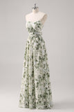 A-Line Ruched Convertible Design Floor Length Green Floral Bridesmaid Dress
