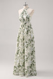 Green Flower A-Line Print Ruched Convertible Design Long Bridesmaid Dress