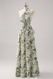A-Line Ruched Convertible Design Floor Length Green Floral Bridesmaid Dress