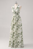 Green Flower A-Line V Neck Print Ruched Convertible Design Long Bridesmaid Dress