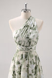 Green Flower A Line One Shoulder Convertible Design Bridesmaid Dress