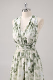 Green Flower A-Line V Neck Print Ruched Convertible Design Long Bridesmaid Dress
