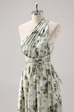 Green Flower A Line One Shoulder Convertible Design Bridesmaid Dress