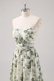 Green Flower A-Line Strapless Printed Ruched Convertible Long Bridesmaid Dress