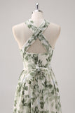 Green Flower A-Line Print Ruched Convertible Design Long Bridesmaid Dress