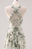 Green Flower A-Line Print Ruched Convertible Design Long Bridesmaid Dress