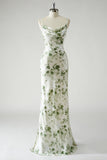 Green Floral Printed Sheath Cowl Neck Open Back Long Bridesmaid Dress