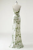 Green Floral Printed Sheath Cowl Neck Open Back Long Bridesmaid Dress