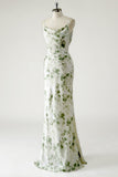 Green Floral Printed Sheath Cowl Neck Open Back Long Bridesmaid Dress