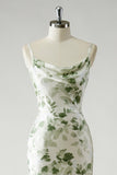 Green Floral Printed Sheath Cowl Neck Open Back Long Bridesmaid Dress