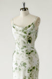 Green Floral Printed Sheath Cowl Neck Open Back Long Bridesmaid Dress