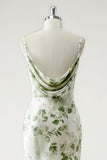Green Floral Printed Sheath Cowl Neck Open Back Long Bridesmaid Dress