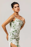 Green Floral Sheath Cowl Neck Bridesmaid Dress with Slit