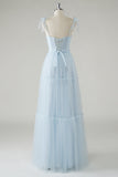 A-Line Bow Tie Straps Sky Blue Tulle Long Bridesmaid Dress