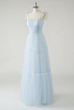 A-Line Bow Tie Straps Sky Blue Tulle Long Bridesmaid Dress