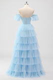 Sky Blue Off The Shoulder Tiered Corset A Line Bridesmaid Dress