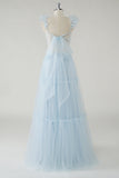 Sky Blue A-Line Ruffles Straps V-Neck Tulle Long Bridesmaid Dress