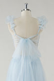 Sky Blue A-Line Ruffles Straps V-Neck Tulle Long Bridesmaid Dress