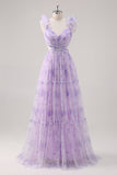 Lavender Flower A Line Cut Out Pleated Long Bridesmaid Dress