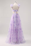 Lavender Flower A Line Cut Out Pleated Long Bridesmaid Dress