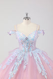 Princess Blush Pink Off the Shoulder Sequined Rhinestones Tulle Quinceanera Dress with Bow