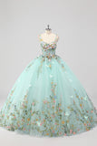 Princess Mint Ball Gown Spaghetti Straps Tulle Quinceanera Dress with Flower Appliques