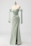 Sage Green Off The Shoulder Mermaid Ruched Long Bridesmaid Dress