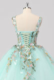 Princess Mint Ball Gown Spaghetti Straps Tulle Quinceanera Dress with Flower Appliques