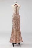 Glitter Champagne Mermaid Halter Open Back Long Prom Dress with Sequins