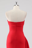 Red Ruched Sheath Formal Dress with Slit