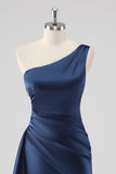 Elegant Navy Satin One Shoulder Formal Dress with Slit