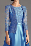 Blue A Line Lace Satin Long Sleeves Mother Of The Bride Dress