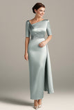 Silver Grey Sheath Satin Half Sleeves Mother Of The Bride Dress