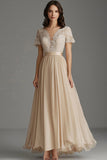 A Line Champagne Tulle V Neck Pleated Mother Of The Bride Dress