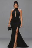 Black Mermaid Halter Keyhole Plus Size Satin Long Formal Dress with Slit