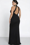 Black Mermaid Halter Keyhole Plus Size Satin Long Formal Dress with Slit