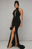 Black Mermaid Halter Keyhole Plus Size Satin Long Formal Dress with Slit