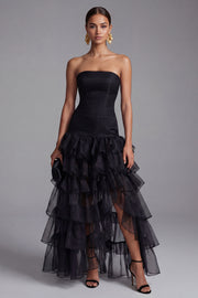 Black Strapless A-Line Tiered Ruffled Long Formal Dress with Slit
