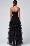 Black Strapless A-Line Tiered Ruffled Long Formal Dress with Slit