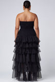 Black Strapless A-Line Tiered Ruffled Long Formal Dress with Slit